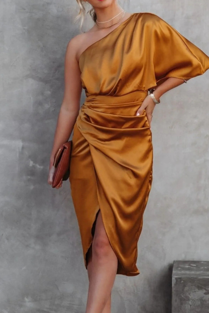 Elegant One-Shoulder Satin Wrap Dress