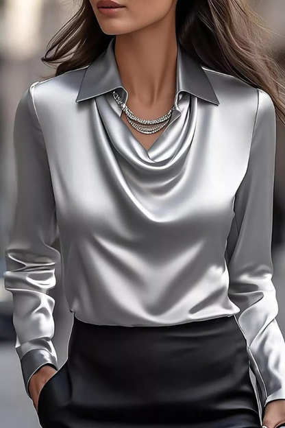 Ruched Long Sleeve Drape Collar Blouse