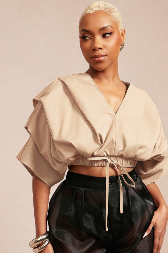 Women's Pleated Drawstring Wrap Top