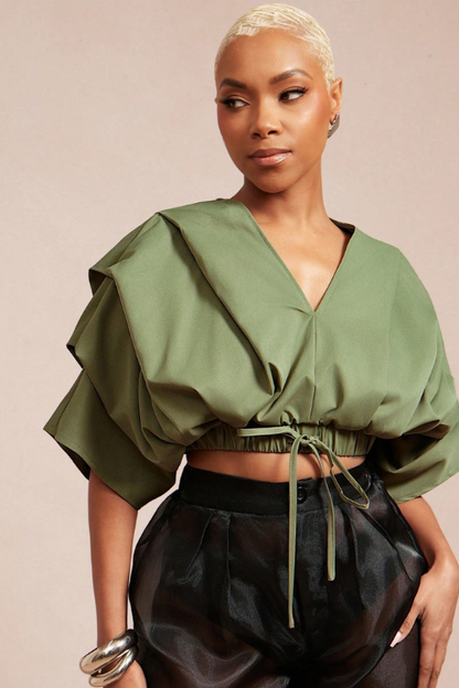 Women's Pleated Drawstring Wrap Top