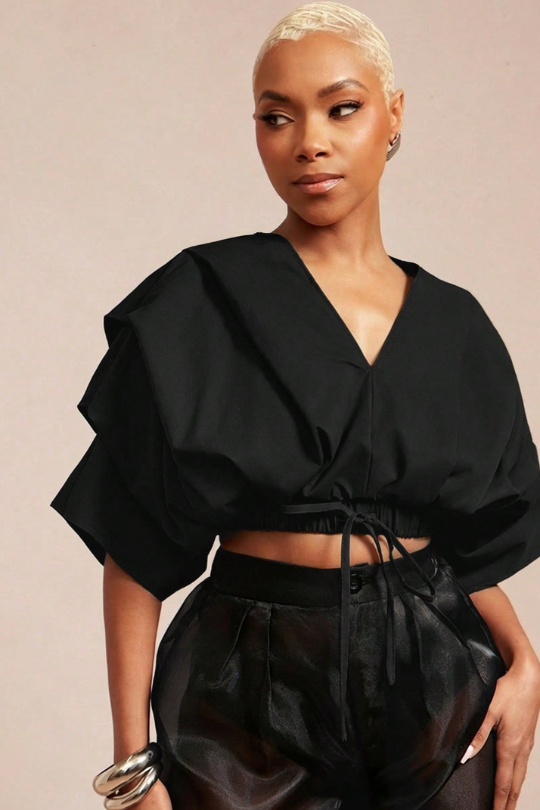 Women's Pleated Drawstring Wrap Top