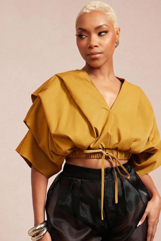 Women's Pleated Drawstring Wrap Top