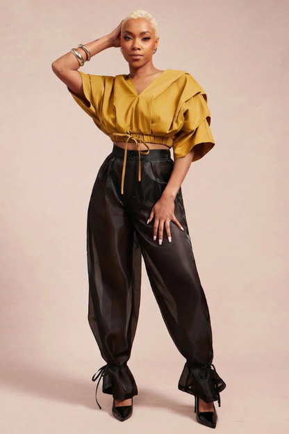 Women's Pleated Drawstring Wrap Top