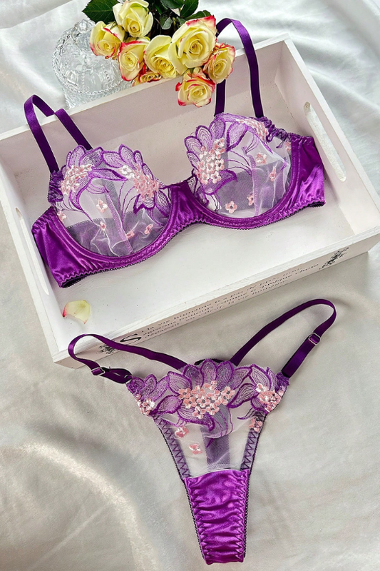 Conjunto de lencería con bordado floral transparente de encaje morado, elegante y encantador para damas de San Valentín, talla 19