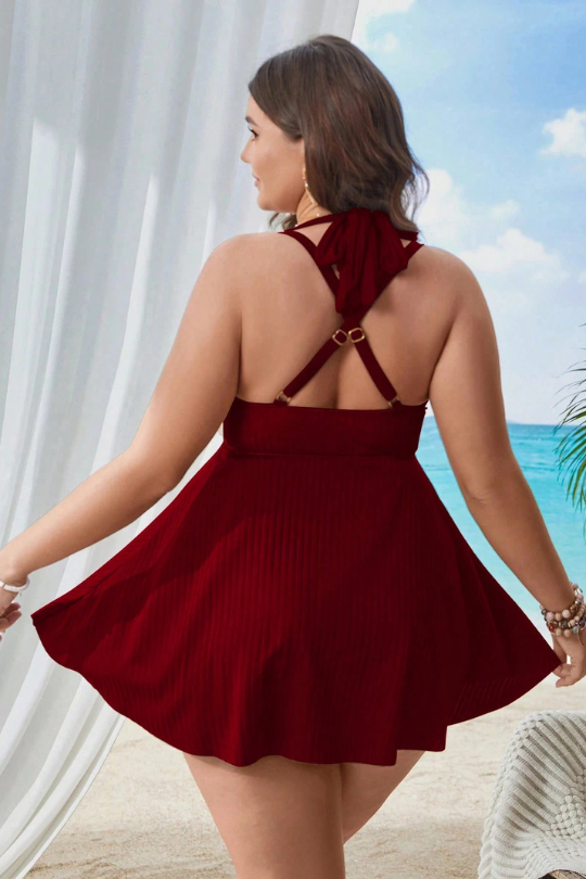 Plus Size Criss-Cross Back Halter Swim Dress