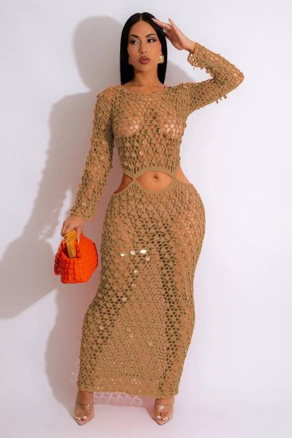 Sultry Sequin Mesh Cutout Maxi Dress