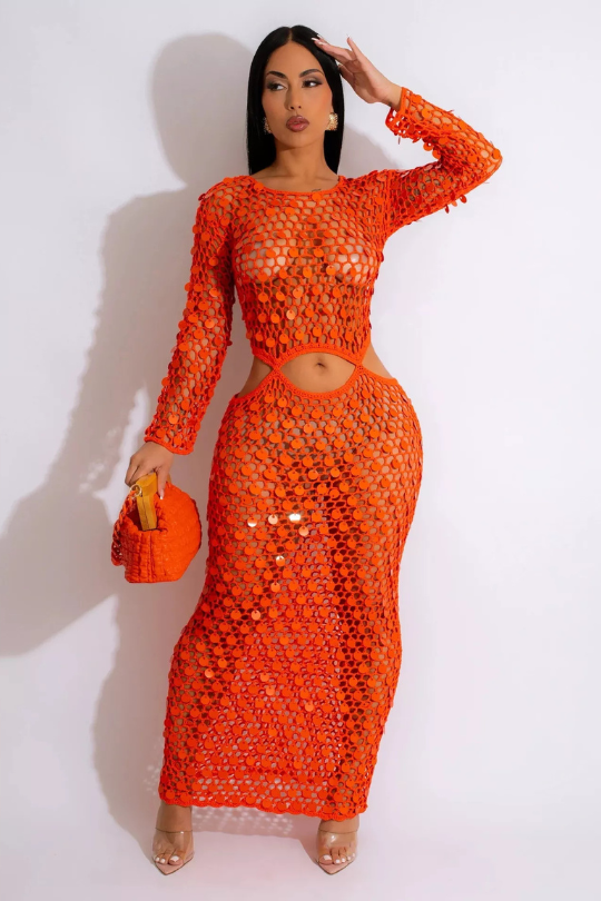 Sultry Sequin Mesh Cutout Maxi Dress