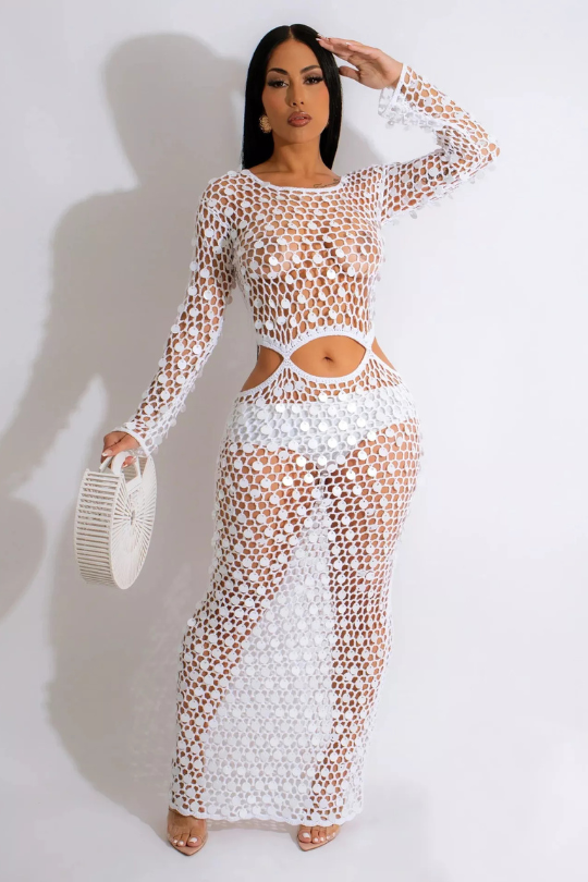 Sultry Sequin Mesh Cutout Maxi Dress