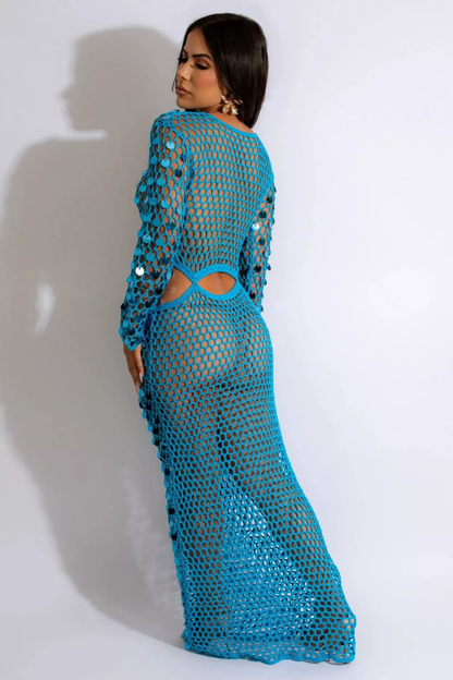 Sultry Sequin Mesh Cutout Maxi Dress