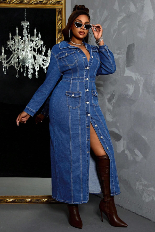 Vestido vaquero largo informal con botones delanteros de talla grande de Slaydiva para otoño 68