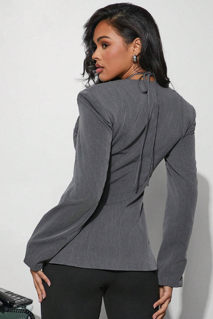 Blazer de moda Hauture para mujer, de color liso, con manga larga y lazo delantero, otoño 53