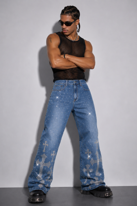 Men's Rebel Cross Rhinestone Loose Jeans