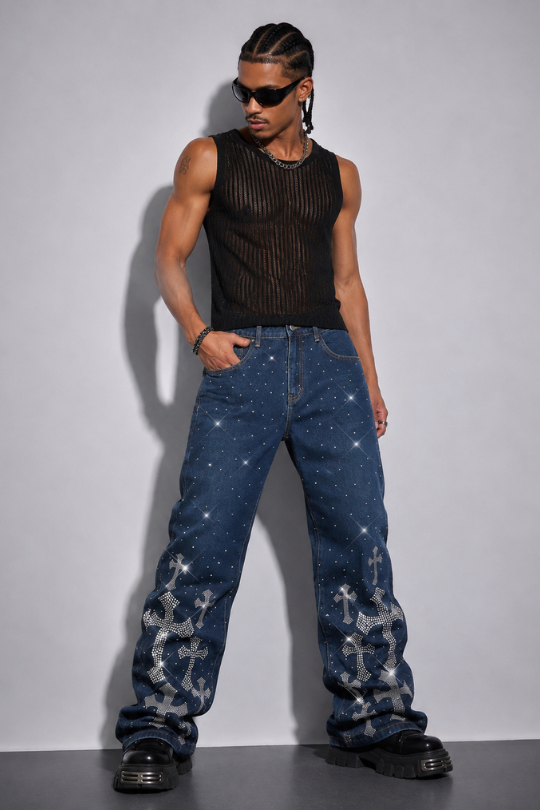 Men's Rebel Cross Rhinestone Loose Jeans