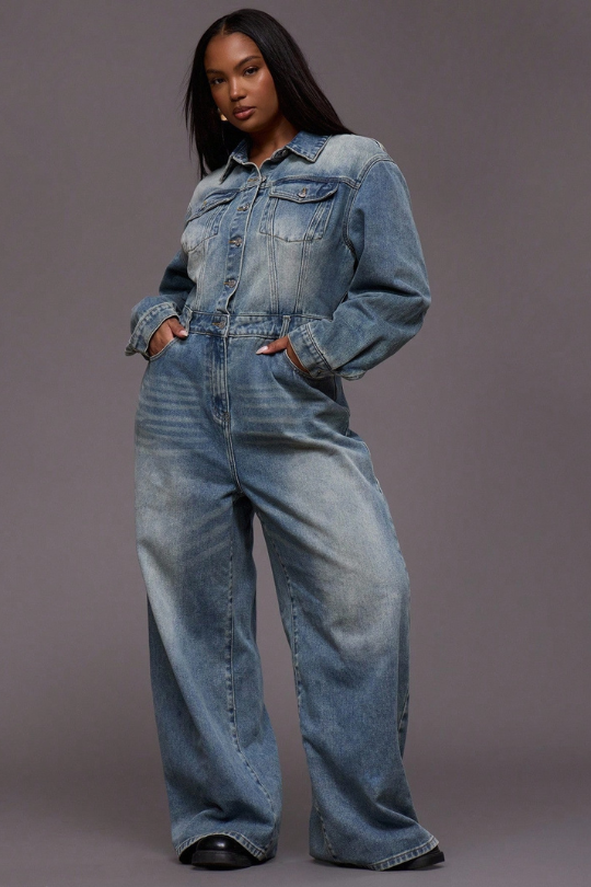 Moseeka One Piece Wide Leg Denim Jumpsuit