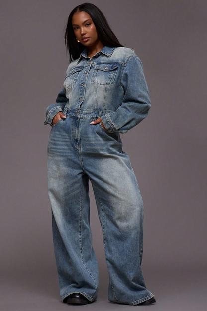 Moseeka One Piece Wide Leg Denim Jumpsuit