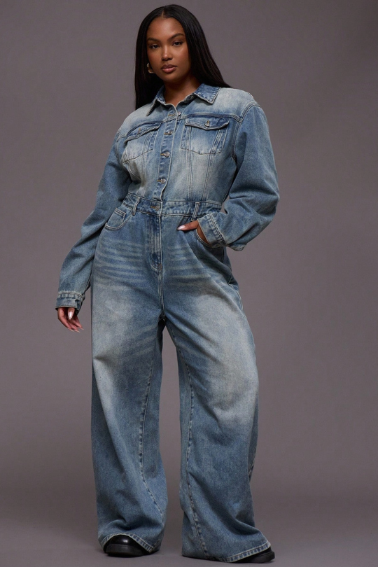 Moseeka One Piece Wide Leg Denim Jumpsuit