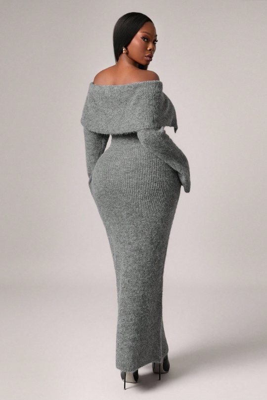 Elegant Plush Off-Shoulder Flared Sleeve Sweater Dress