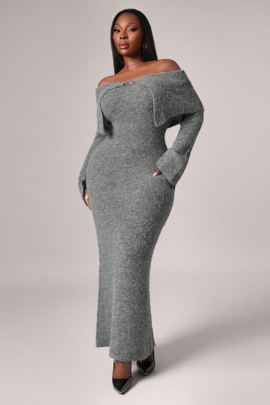 Elegant Plush Off-Shoulder Flared Sleeve Sweater Dress