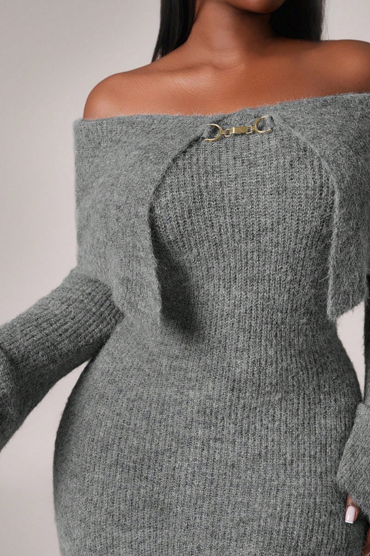 Elegant Plush Off-Shoulder Flared Sleeve Sweater Dress