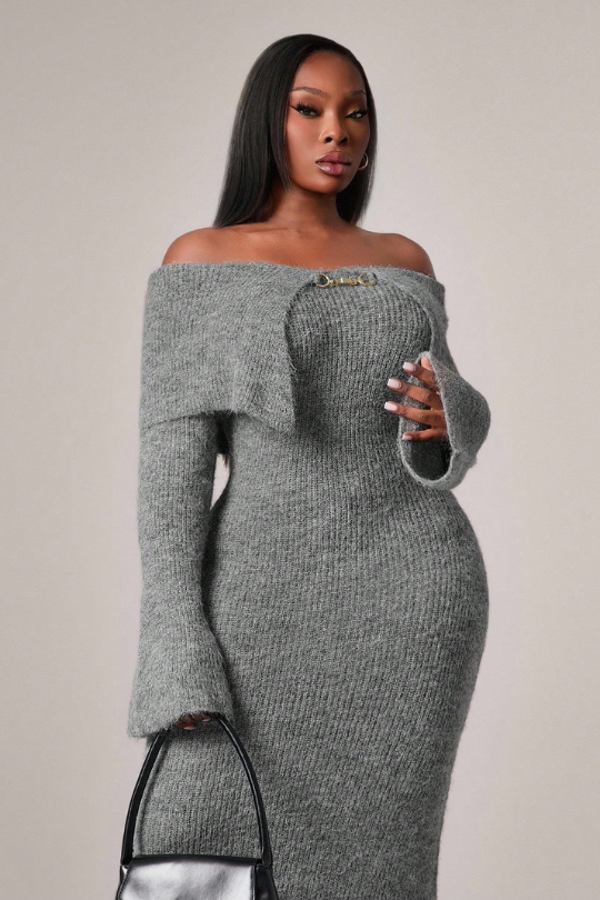 Elegant Plush Off-Shoulder Flared Sleeve Sweater Dress