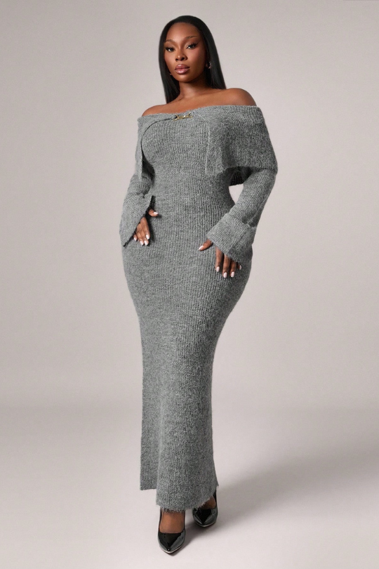 Elegant Plush Off-Shoulder Flared Sleeve Sweater Dress