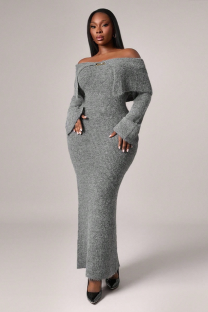 Elegant Plush Off-Shoulder Flared Sleeve Sweater Dress