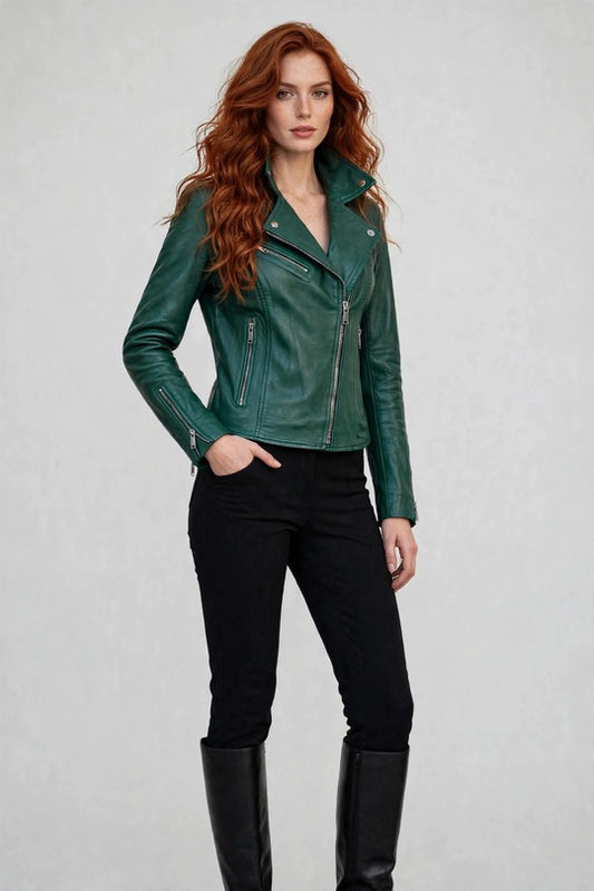 Women's Green Lambskin Leather Biker Jacket