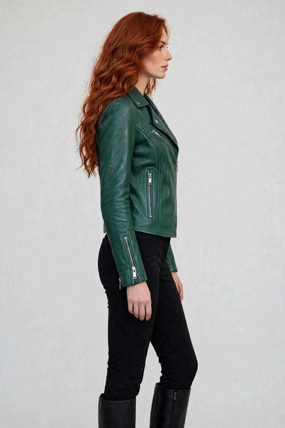 Women's Green Lambskin Leather Biker Jacket