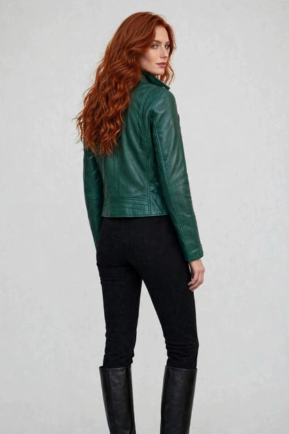 Women's Green Lambskin Leather Biker Jacket