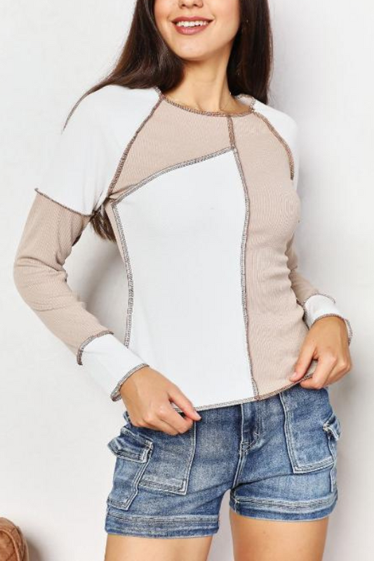 Stone Color Block Exposed Stitch Top