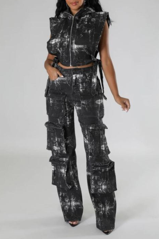 Cropped 2pcs Sleeveless Denim Vest Pants Set