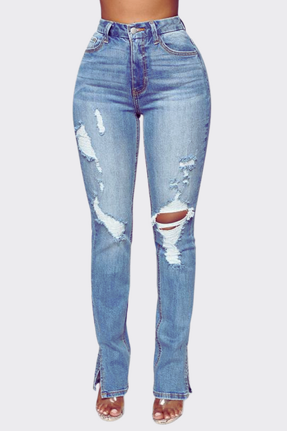 Chic Distressed Slit Jeans