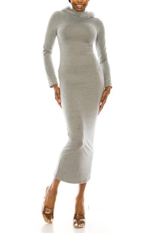 Chic Fur Hooded Long Sleeve Bodycon Dress