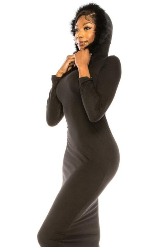 Chic Fur Hooded Long Sleeve Bodycon Dress