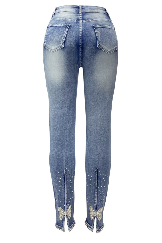 Cuff Butterfly Rhinestone Skinny Jeans