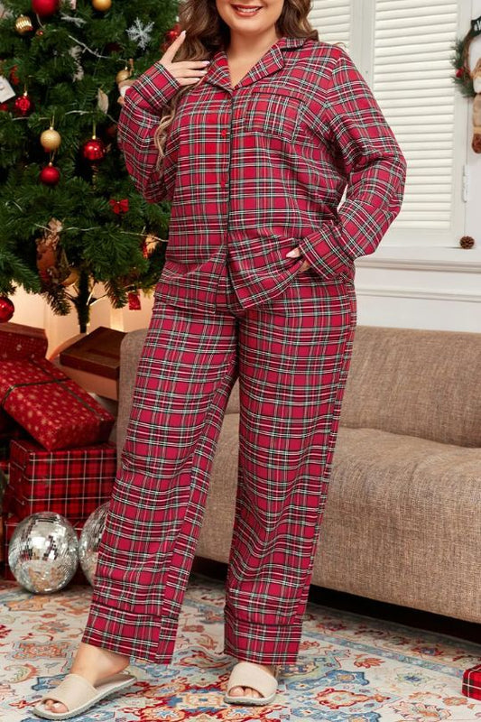 Plus Size Plaid Collared Neck Top and Pants Lounge Set