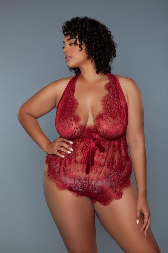 Plus Size Satin Crisscross Lace Teddy