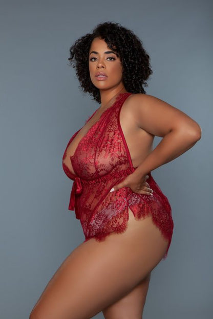 Plus Size Satin Crisscross Lace Teddy