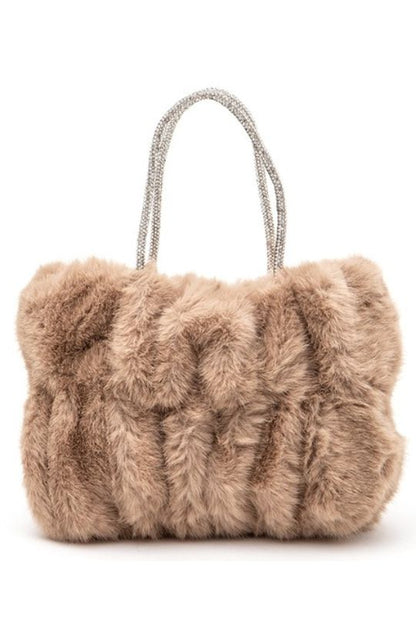 Rhinestone Top Handle Faux Fur Winter Tote Bag