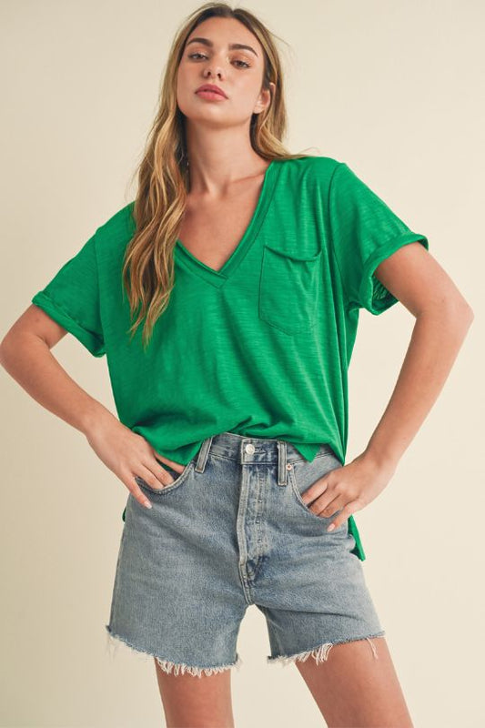 Side Slit V-Neck Short Rolled Sleeve T-Shirt