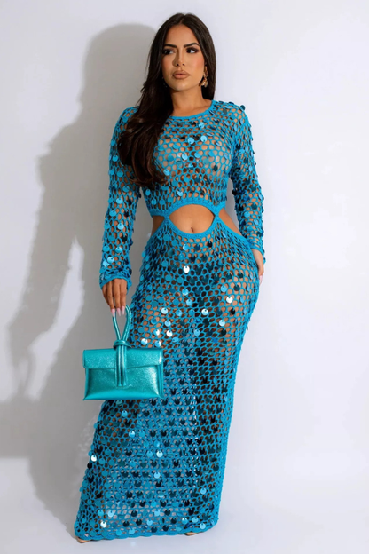 Sultry Sequin Mesh Cutout Maxi Dress
