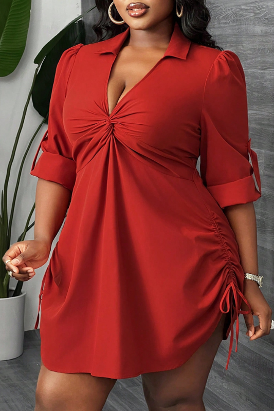 Women Plus Size Drawstring Mini Shirt Dress
