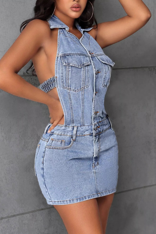 Women's Backless Denim Halter Mini Dress