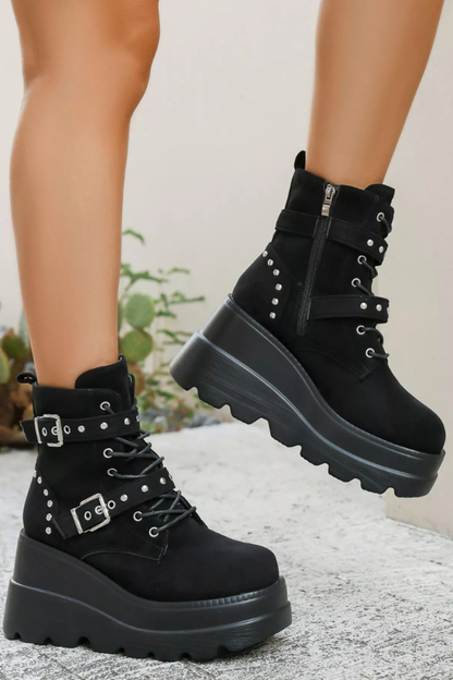 Women's Lace Up Double Platform Wedge Boots