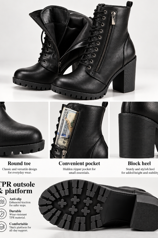 Black leather lace-up ankle boots with a chunky block heel, shown in a multi-view product collage with feature callouts including round toe, convenient pocket, and block heel.