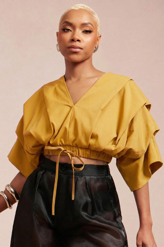 Women's Pleated Drawstring Wrap Top