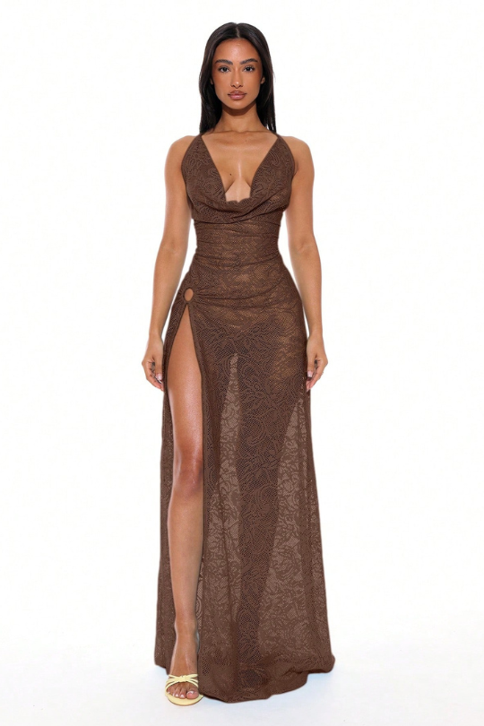Women's Sexy Lace Draped Thigh Split Maxi Cover Up Dress