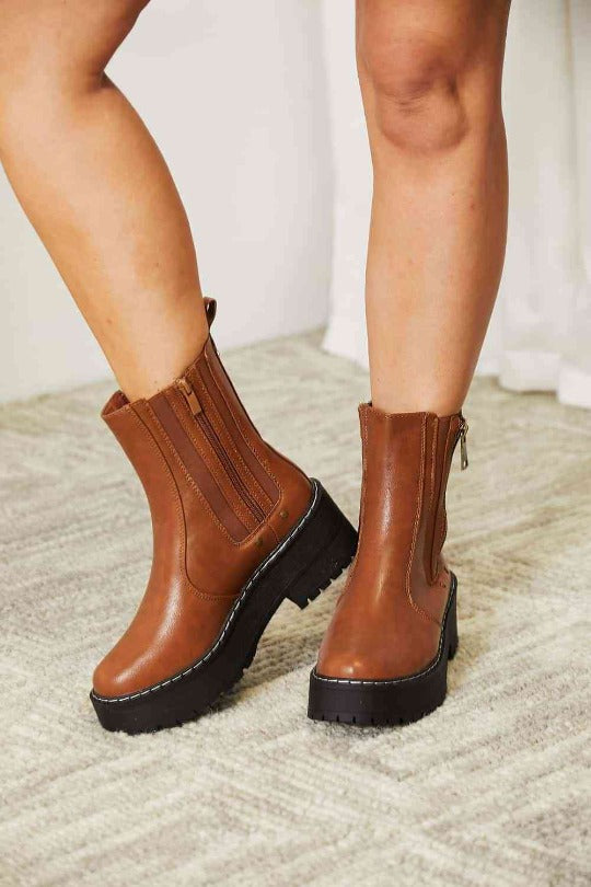 Leather Side Zip Platform Boots