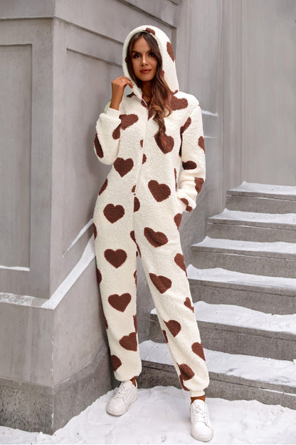 1 Fuzzy Heart Zip Up Hooded Lounge Jumpsuit