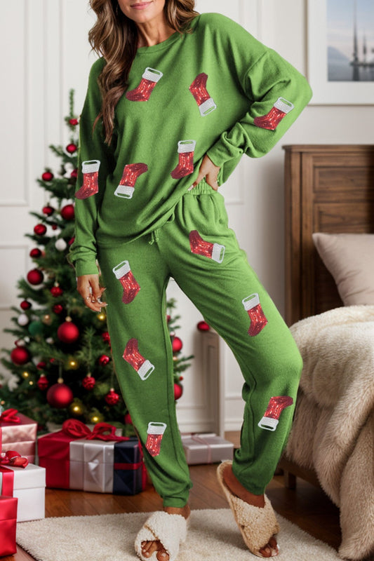 Sequin Stocking Long Sleeve Christmas Lounge Set